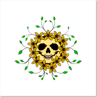 Skull with Bright Flowers and Leaves Posters and Art